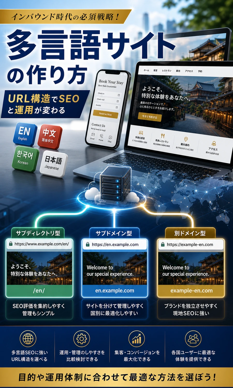 多言語ホームページ制作の主な手法を解説する画像