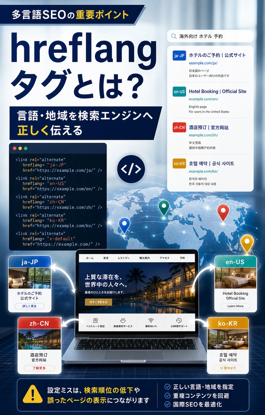 多言語SEOで必須のhreflangタグを解説する画像