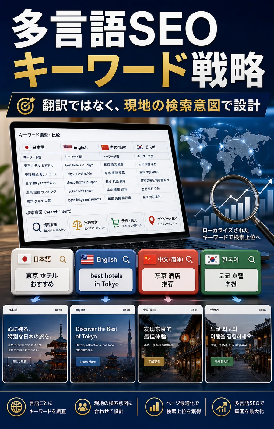 多言語サイトのSEOキーワード戦略を解説する画像