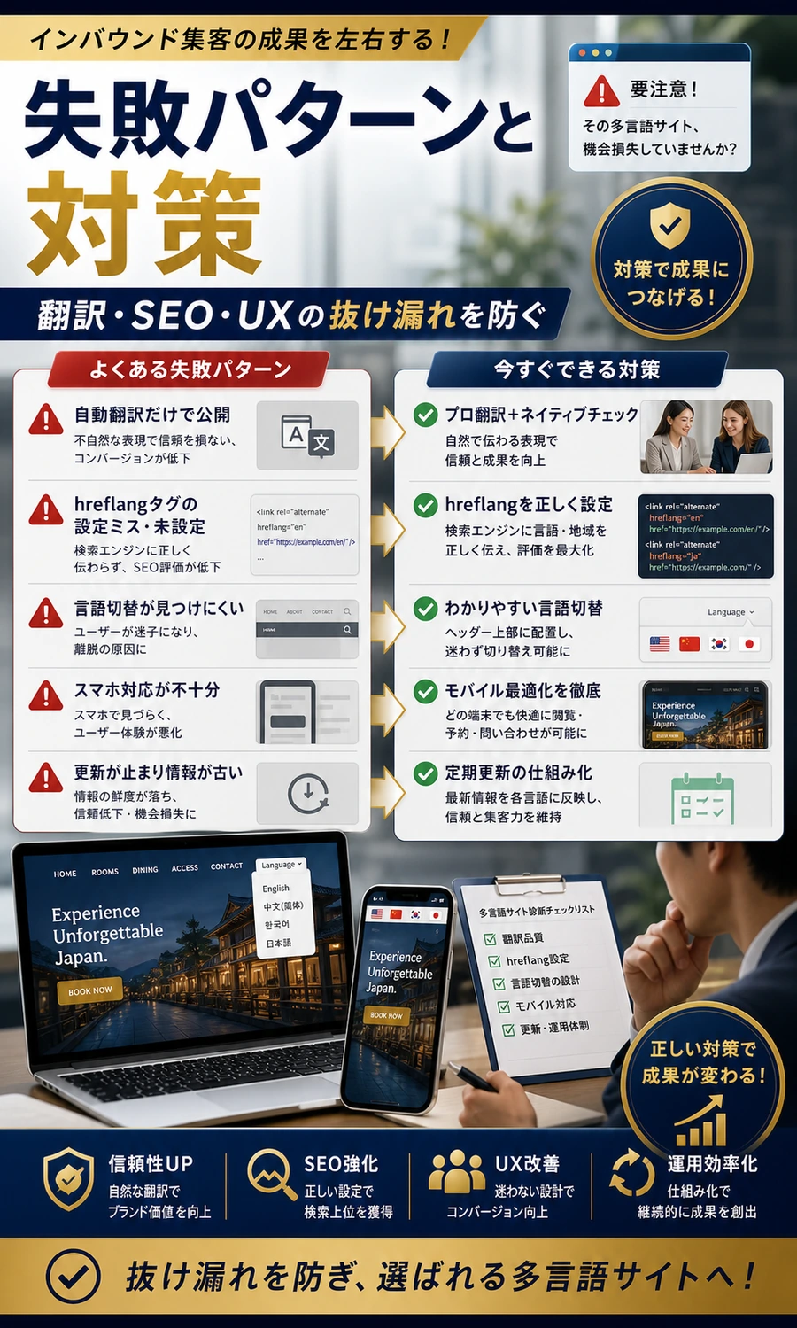 多言語サイト制作の失敗パターンと対策を解説する画像