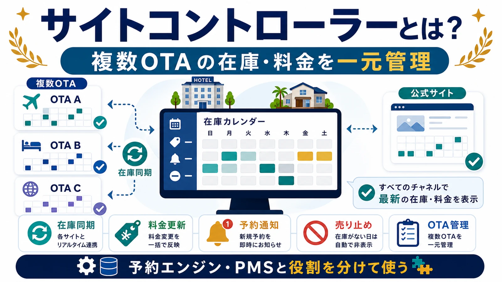サイトコントローラーとOTA在庫管理を説明する横長アイキャッチ画像