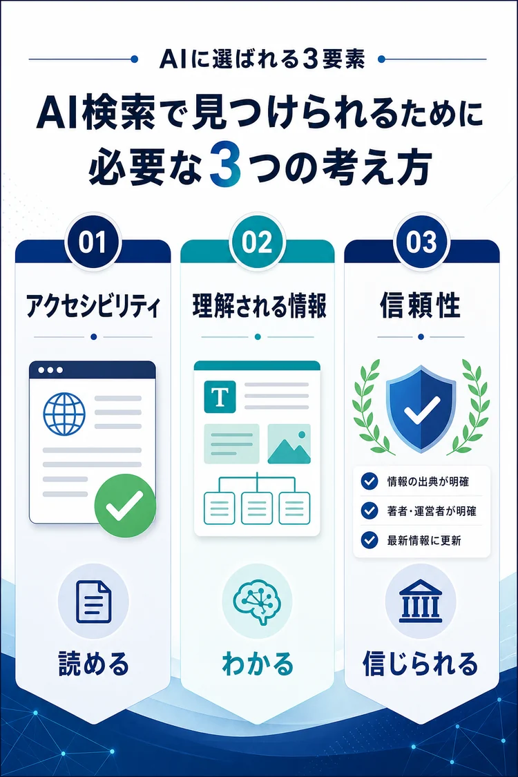 AI検索で見つけられるためのアクセシビリティ、理解される情報、信頼性の3要素を示す図解