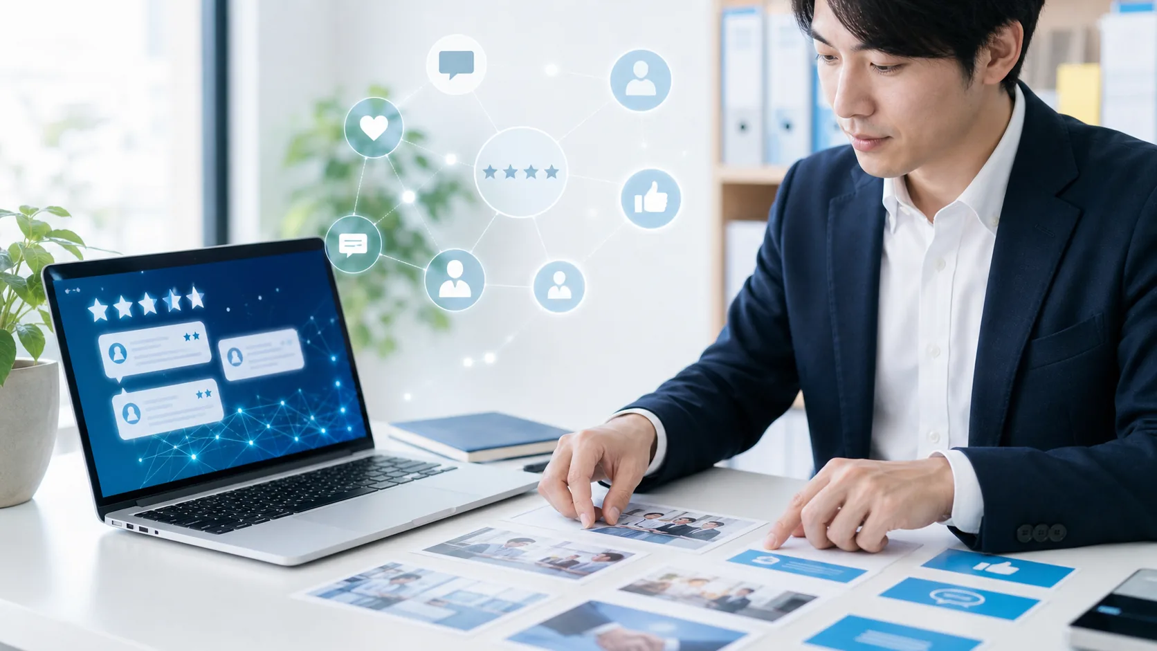 口コミや外部評価を整理する日本人担当者のイメージ