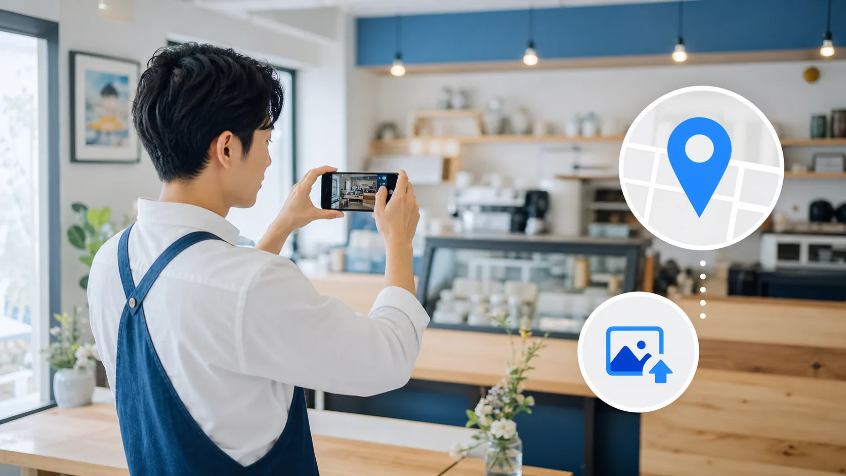 日本の店舗で地図情報用の写真を撮影するMEO対策のイメージ