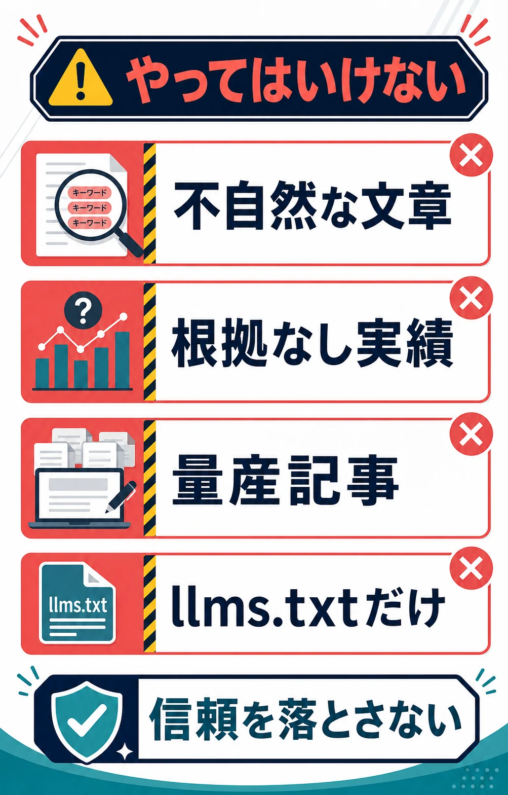 不自然な文章、根拠なし実績、量産記事、llms.txtだけに頼る失敗例を示す図解