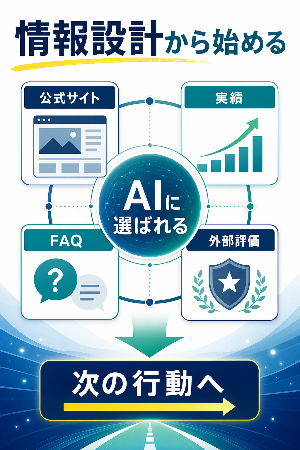 公式サイト、実績、FAQ、外部評価を整えてAIに選ばれ次の行動へつなげる図解