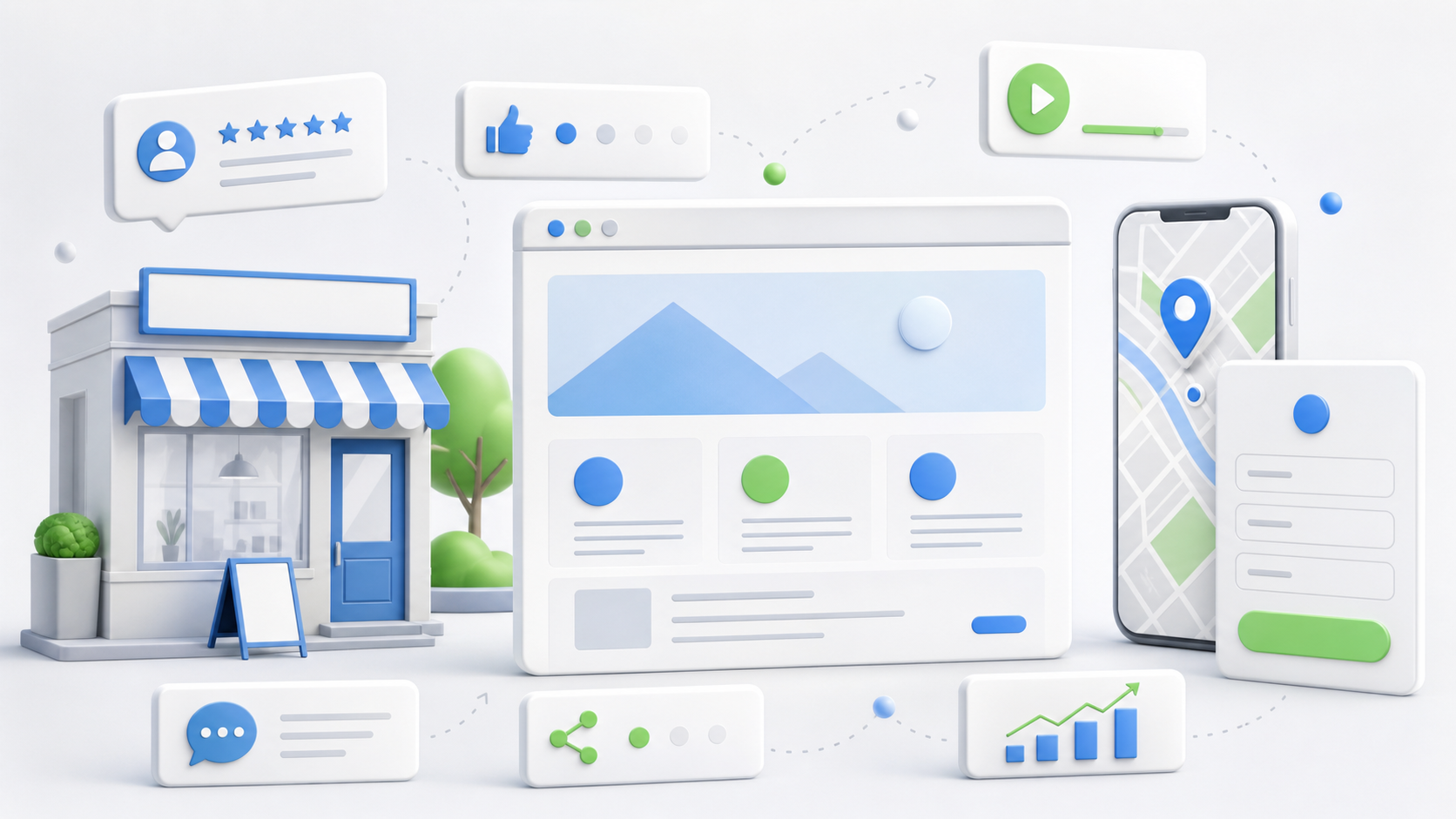 中小企業や実店舗がSEO、MEO、SNS、問い合わせ導線を連携する様子