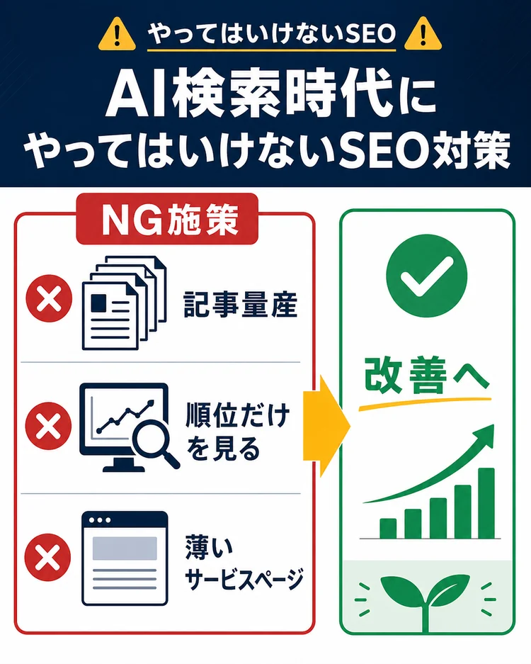 AI検索時代にやってはいけないSEO対策と改善方向を示す図解