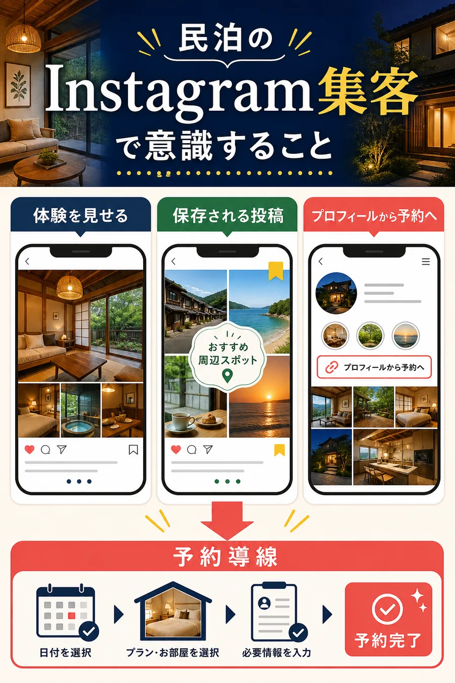 民泊のSNS集客で体験投稿から予約導線へつなげる図解
