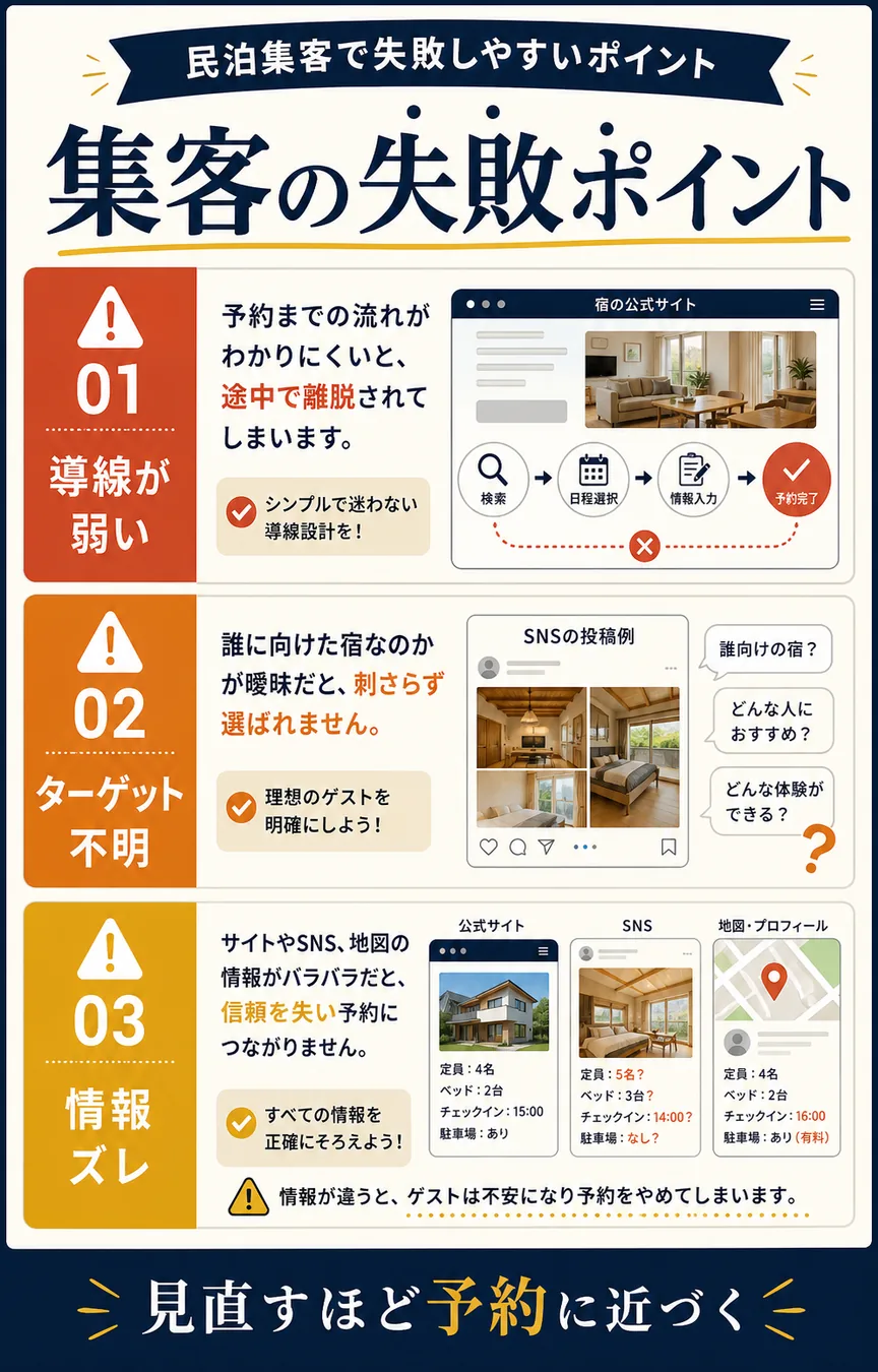 民泊集客で導線の弱さや情報のズレに注意する図解