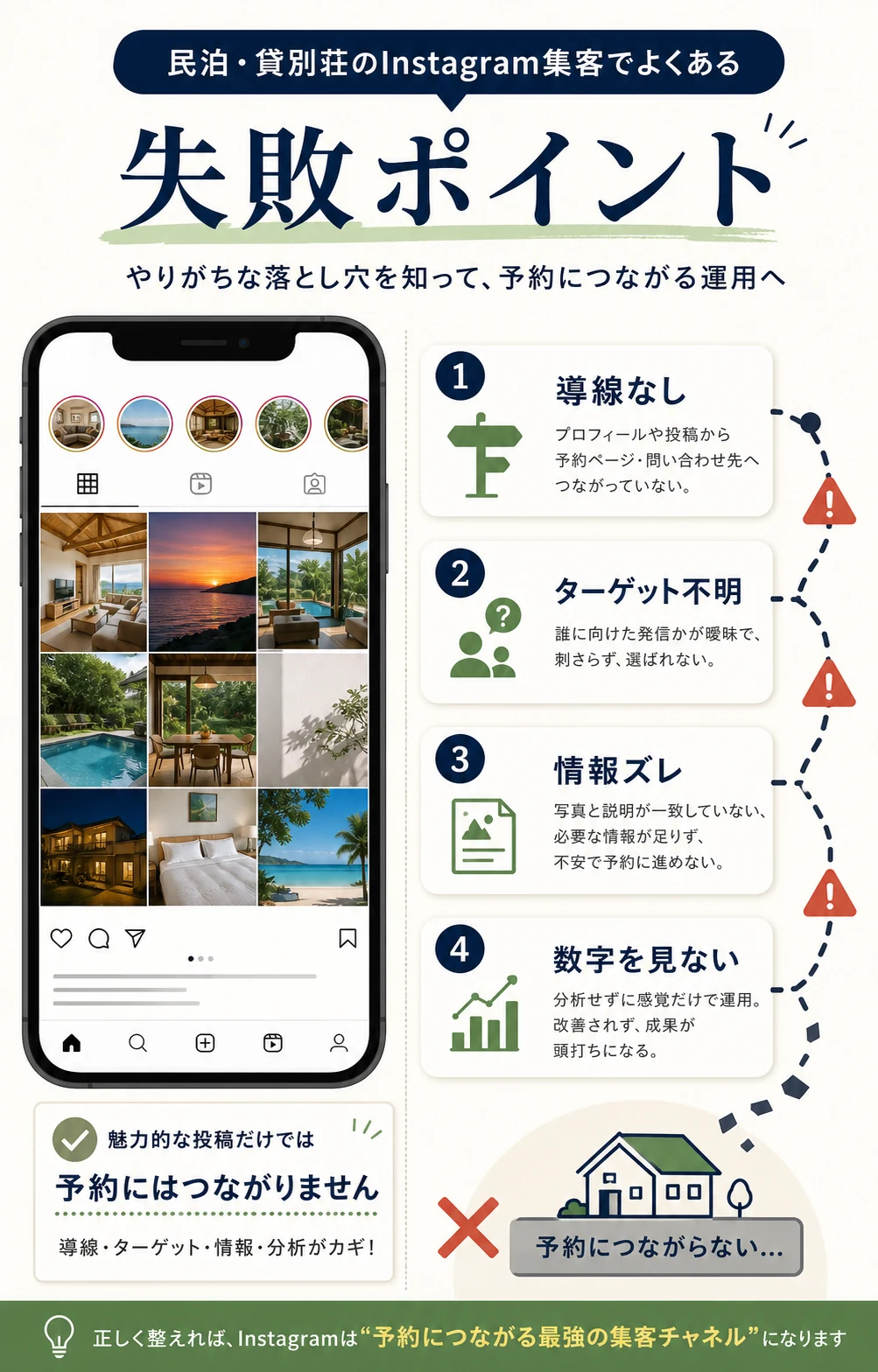 民泊Instagram集客で失敗しやすいポイントを説明する図解