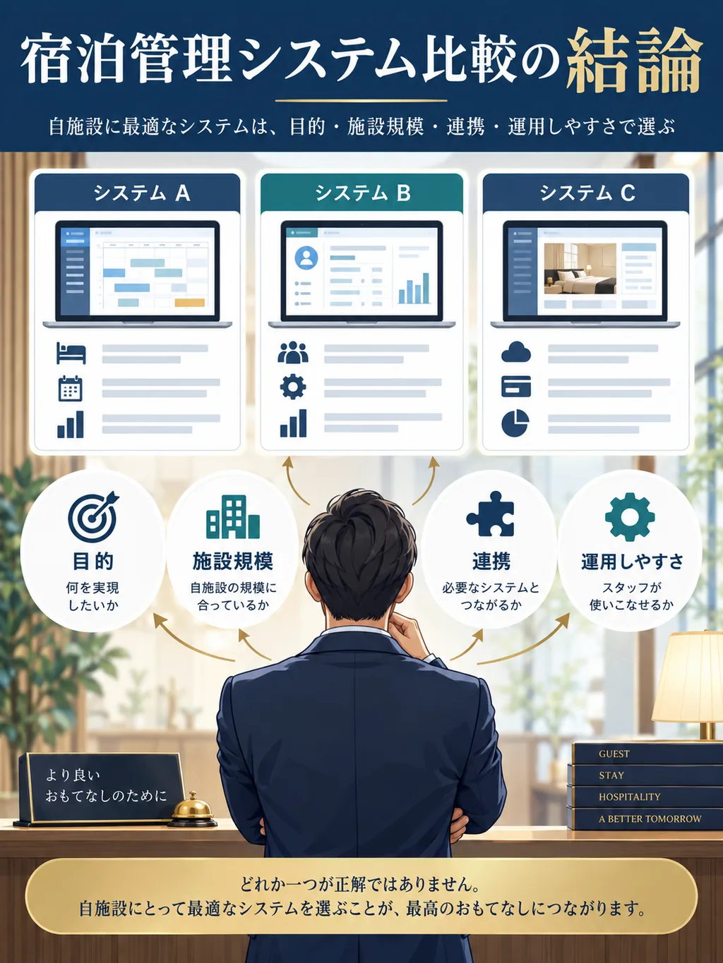 宿泊管理システムを目的・施設規模・連携・運用しやすさで比較する図解
