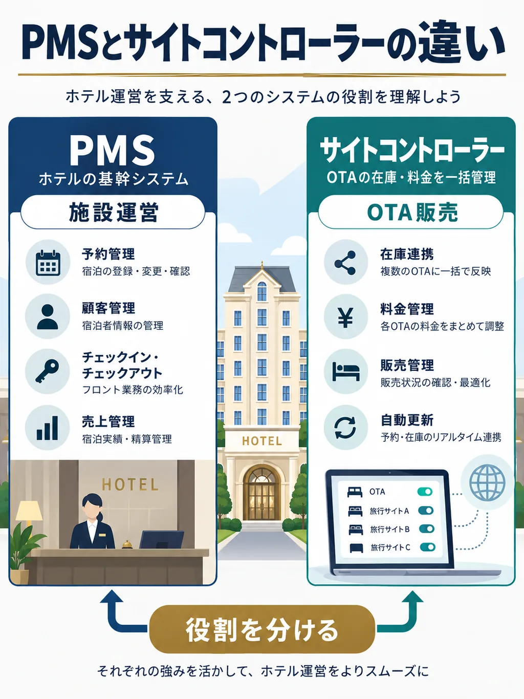 PMSとサイトコントローラーの役割の違いを比較した図解