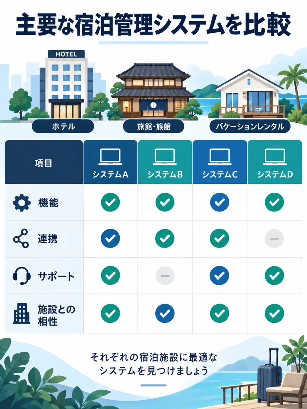主要な宿泊管理システムを機能・連携・サポートで比較した図解