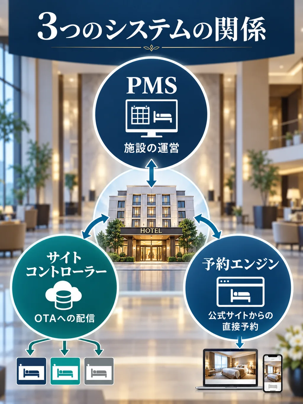 PMS・サイトコントローラー・予約エンジンの関係を示す図解