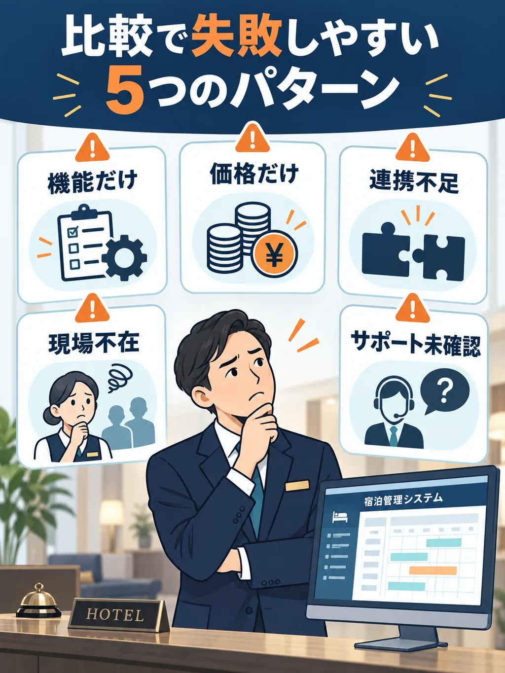 宿泊管理システム比較で失敗しやすい5つのパターンを示す図解