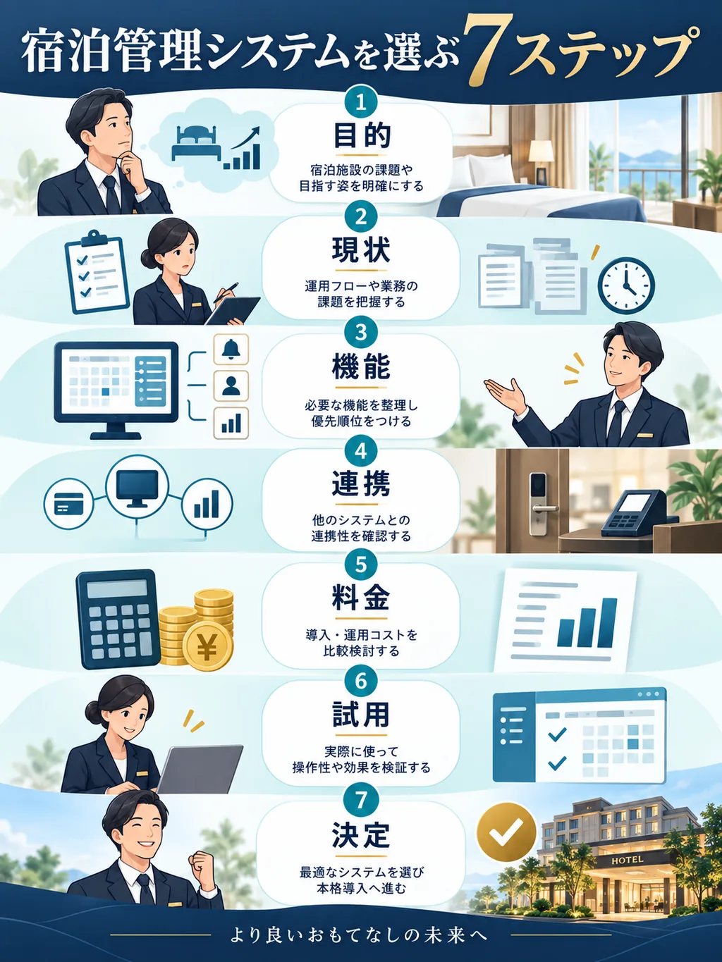 宿泊管理システムを選ぶ7ステップを示す図解