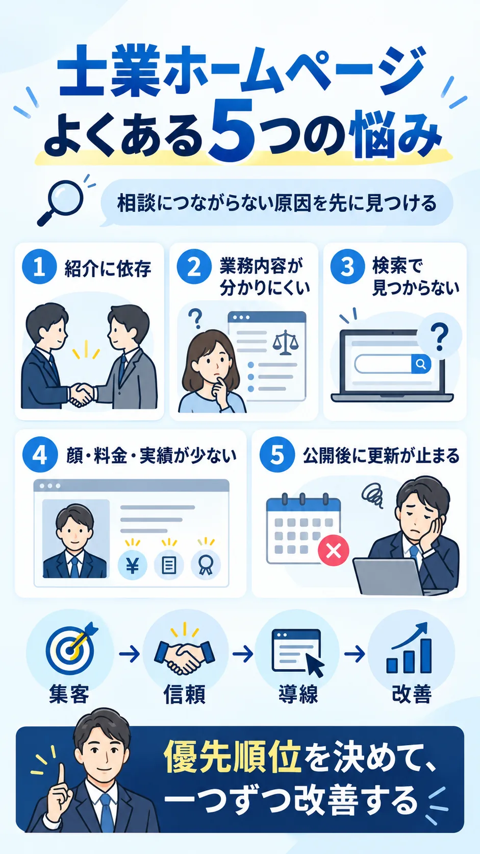 士業ホームページ制作でよくある5つの悩みと改善の優先順位