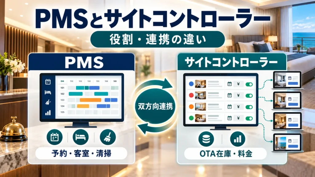 PMSとサイトコントローラーの役割とデータ連携の違いを表す図解
