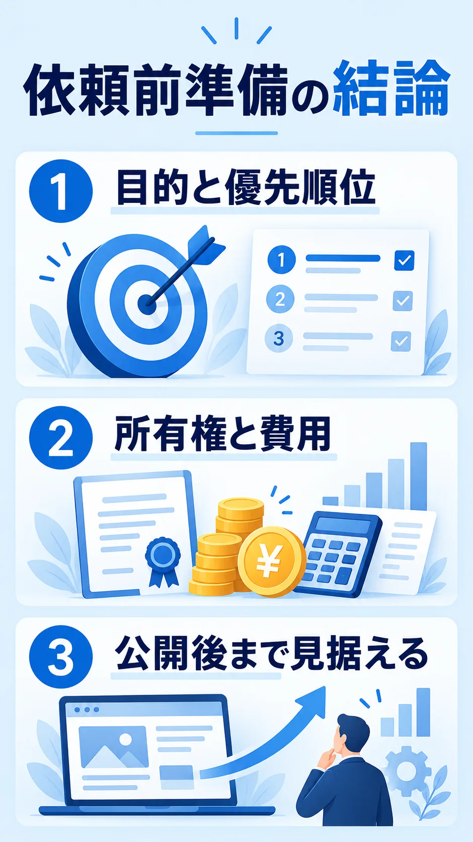 依頼前準備を目的・費用・公開後運用で整理するまとめ