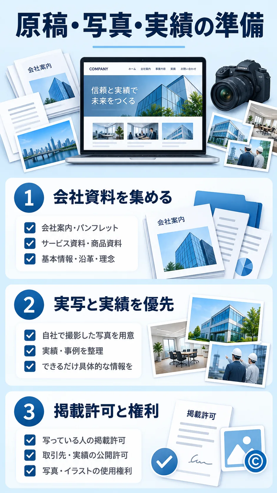 会社資料・実写写真・掲載許可を準備する図解