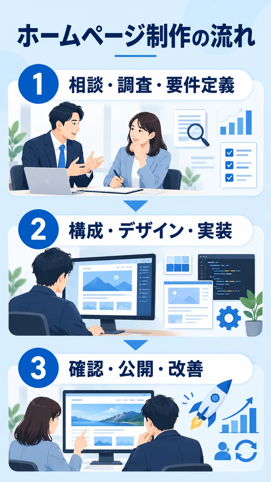 相談・設計・実装・公開改善までの制作の流れ