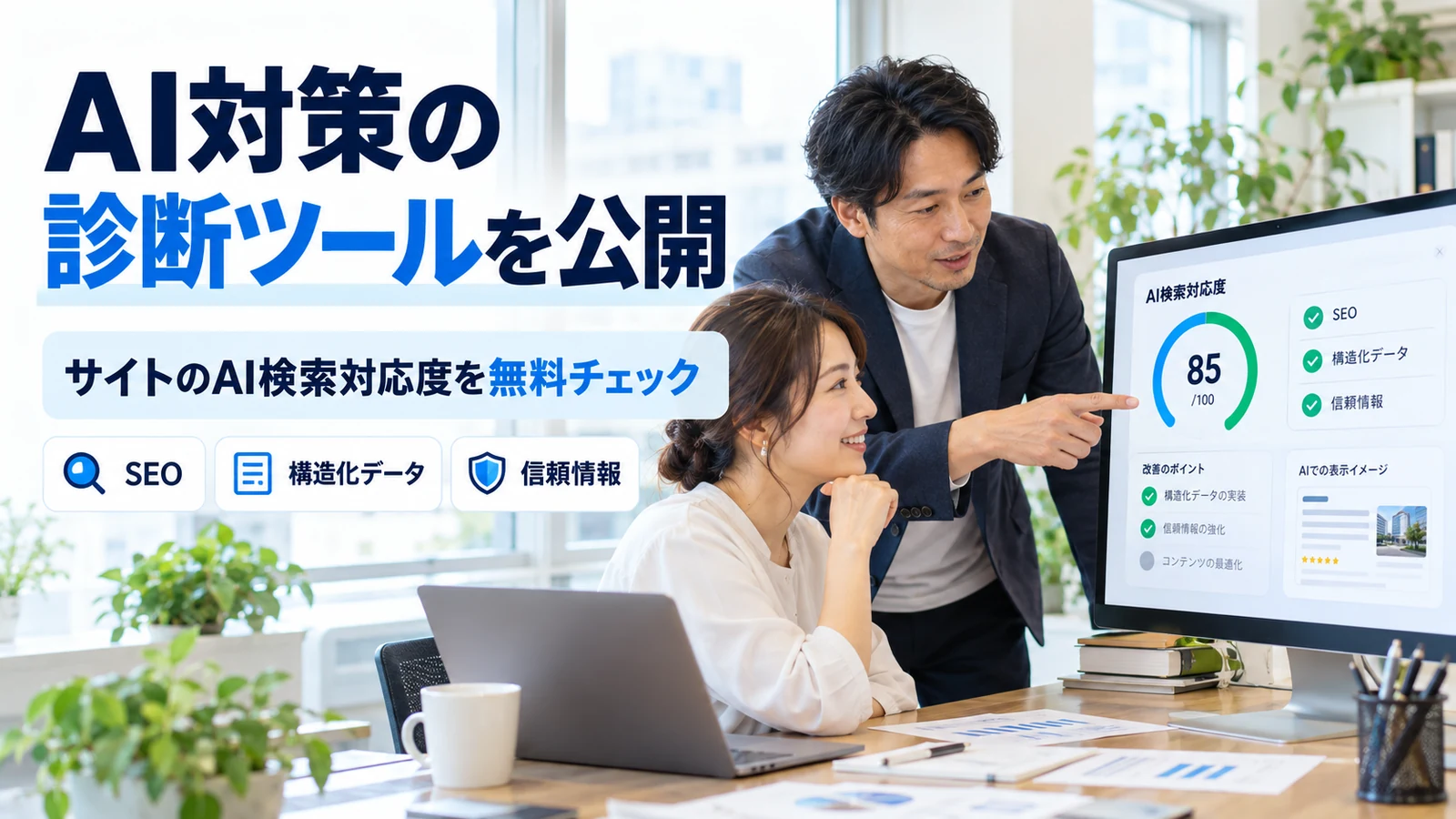 AI検索対応度の診断結果を確認する事業者とWeb担当者