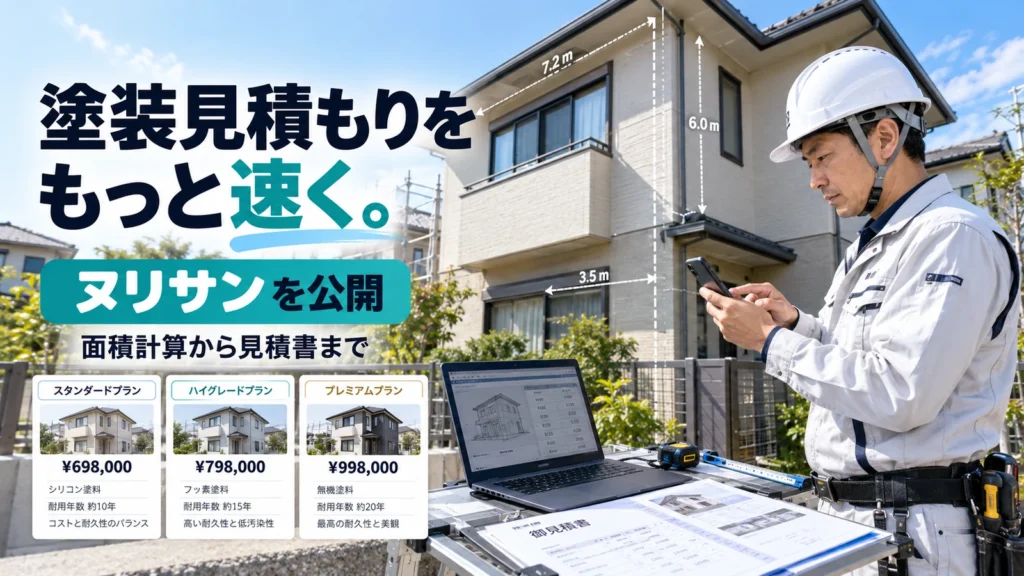 住宅の外壁を計測しスマートフォンで見積もりを作成する塗装店の職人