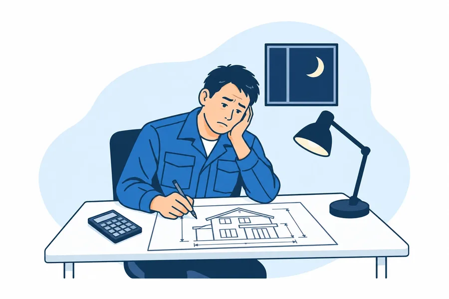 夜の事務所で、電卓を横に図面を描き起こして疲れている塗装店の職人