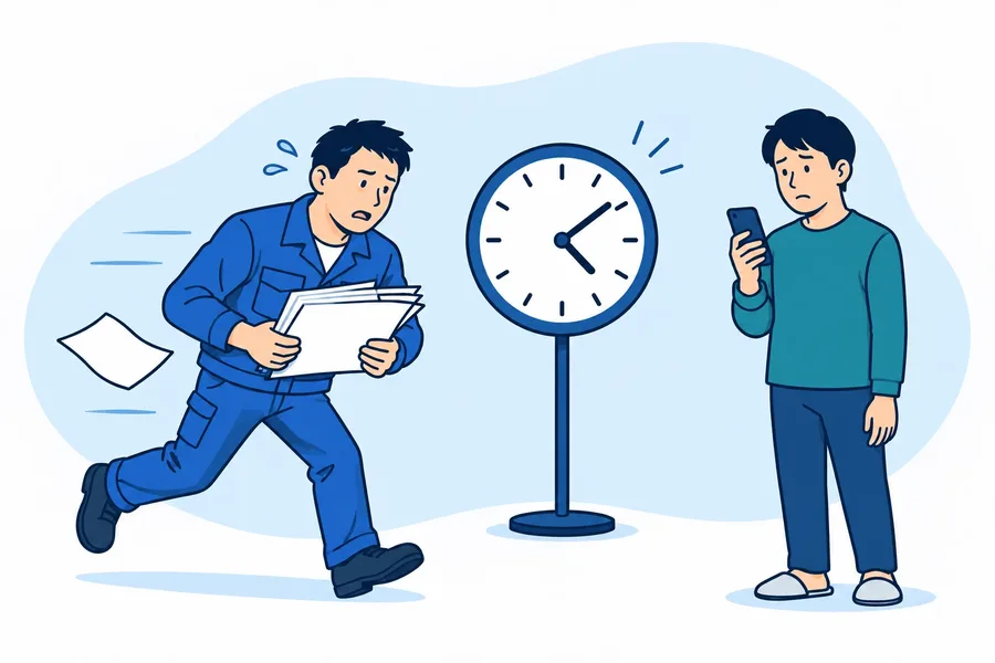 書類を抱えて急ぐ職人と、時計の横で見積もりを待つお客様