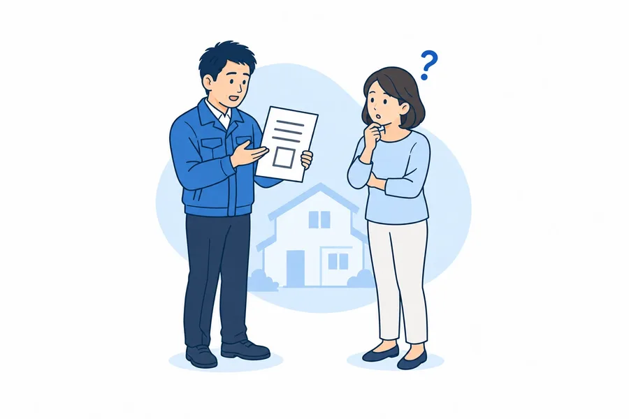 見積書の説明を受けて、工程が分からず首をかしげるお客様