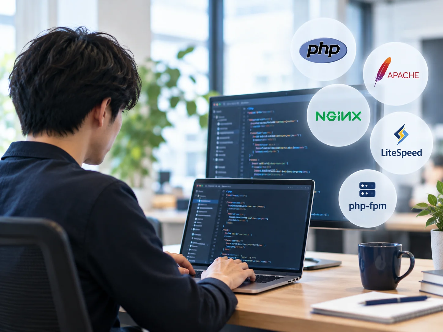 PHP・Apache・NGINX・LiteSpeed・php-fpmのアイコンが浮かぶ中、パソコンで作業する男性