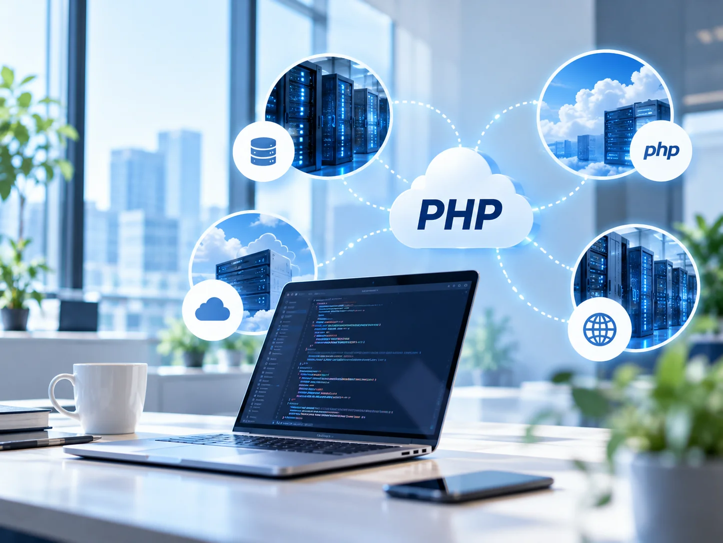 PHPを中心に、各地のサーバーやクラウドがネットワークでつながっているイメージ