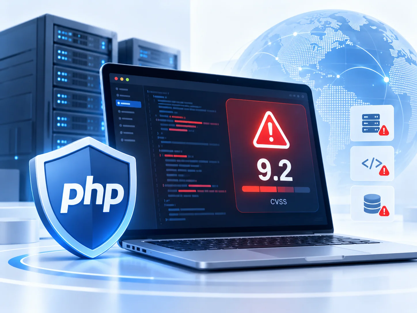 PHPの盾とノートパソコンの画面に表示されたCVSS 9.2の警告